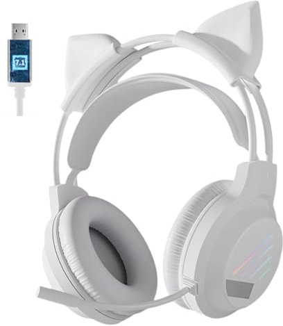 fesoklaf Niedliche Gaming-Kopfhörer mit Mikrofon, RGB-Headset mit Geräuschunterdrückung, Over-Ear-Kopfhörer mit abnehmbaren Katzenohren für Gamer/Streamer/Cosplay (Weiß – 7.1-K-USB)