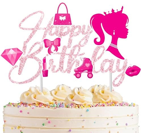 Hot Pink Girl Cake Topper Glitter Girl Theme Cake Decoration for Girl Birthday Party Hot Pink Doll Theme Party Supplies