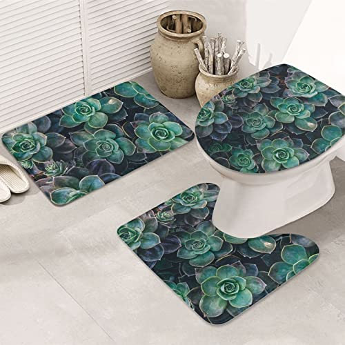 FLYIFE Lot de 3 tapis de salle de bain antidérapants en flanelle avec tapis de toilette en forme de U et housse de siège de toilette Vert