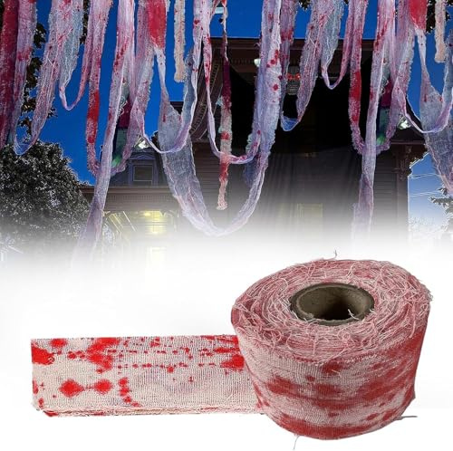 DINGFENG 10M Halloween Deko Outdoor Horror Blutverband - Gruselige Blutige Gaze für Garten, Party Deko & Grusel Decoration Exterieur Spukhaus Zubehör Blutverbandrolle Room Escape Horror Dunkle