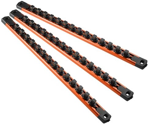 Reniteco Magnetic Socket Organizer, 3-Piece Heavty Duty Aluminum Socket Holder, Socket Rail for Tool Box, Premium Quality 360° Swivel Socket Rack with 42 Clips for 3/8-Inch(Orange)