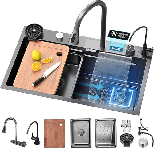KOOGIMDDR Fregadero de cocina de acero inoxidable, multifuncional, 80 x 45 cm, lavabo individual con nano recubrimiento de cascada y grifo extraíble 3 en 1, fregadero de cocina profundo con tabla de