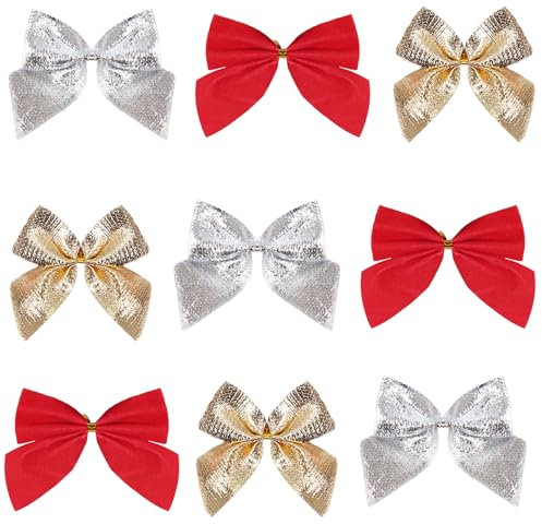 HEOUCH 72 Pezzi Fiocco per Albero di Natale, Fiocchi Albero di Natale, 5cm Fiocchi Natalizi, Oro Rosso Argento, per Decorazioni da Appendere All'albero di Natale, Ghirlande di Natale