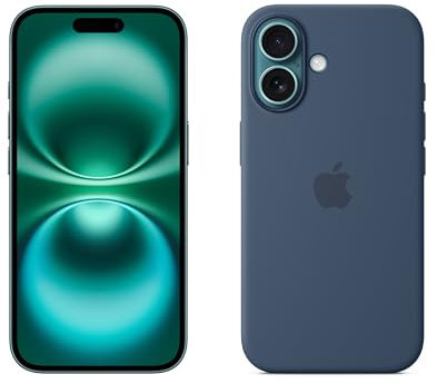 Apple iPhone 16 128 GB - Blaugrün + Silikon Case mit MagSafe – Denim