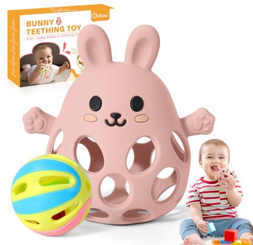 Orzbow Rassel Baby, Multifunktions Beißring Baby mit Rassel, Greifball für Babys über 3 Monate, Leichtgewicht, Leicht Greifen & Reinigen, Atmungsaktiv, Fleischrosa