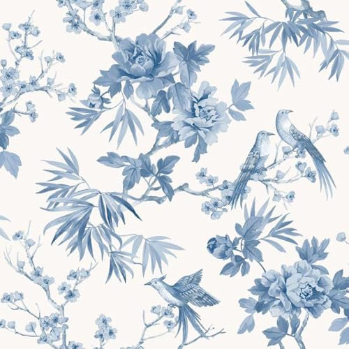Chinoiserie Blue Floral Wallpaper - Flowers Botanical Birds Classic Traditional - Stylish Feature Wall