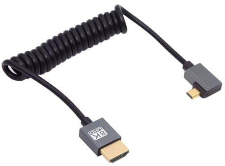 cablecc Cable en espiral extensible 8K 60 Hz Micro HDMI tipo D 2.1 macho a HDMI macho en ángulo izquierdo para HDTV, ordenador, monitor de portátil, 100 cm