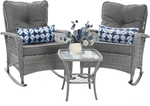 VONZOY Patio Furniture Set 3 Pieces, Wicker Outdoor Rocking Bistro Set with Thick Cushions, Outdoor Rocker Chairs and Coffee Table for Porch, Backyard or Garden (Grey)