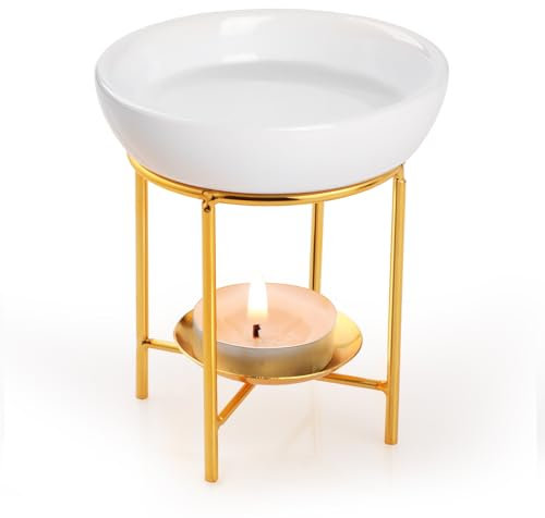 Bighan Duftöllampe Teelicht, Schwarz Duftlampe aus Metall, Aromalampe Teelichthalter mit Keramik Schale, Duftlampe für Ätherische Öle C - Gold