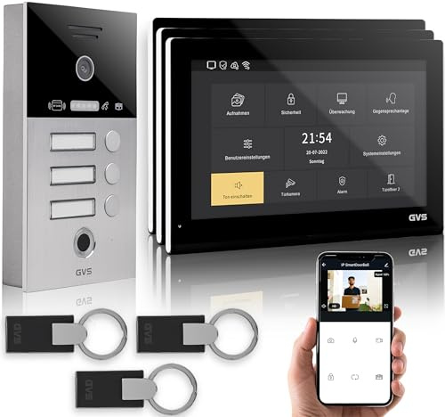 GVS Video Türsprechanlage 3 Familienhaus RFID + Fingerprint - 3x10 Monitor | Smarte Video Türklingel mit Kamera und Monitor & App - Gegensprechanlage mit Türöffner, RFID & Fingerprint (AVS5535A)