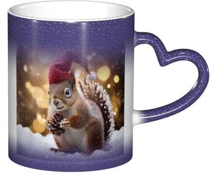 KHDKLXOHZ Christmas Squirrel 11oz Color Changing Mug,Heat Sensitive Magic Photo Mug,Sky Color Changing Mug with Heart-Shaped Handle,Funny Coffee Cup Gift for Family, Friends(Gift Box)