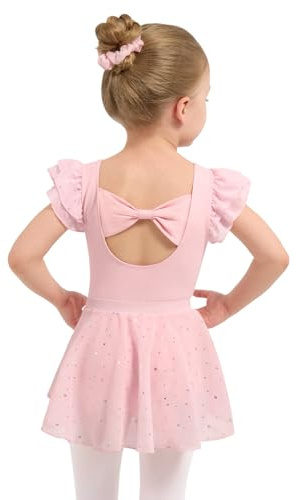 Naiyafly Girls Ballet Leotards with Removable Skirt Kids Dance Leotard Dress Toddler Short Sleeve Ballet Dance Dress Outfit Gymnastics Leotard with Chiffon Skirt