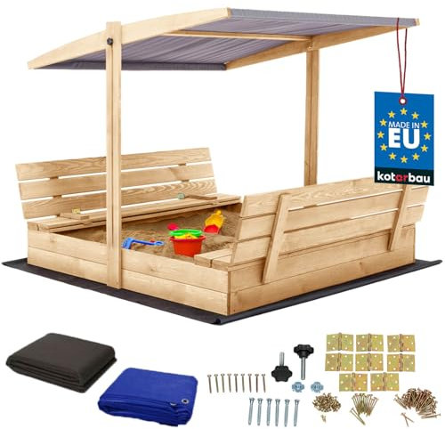 KOTARBAU® Sandkasten mit Abdeckung 140 x 140 cm Großer Naturfarbe Holzsandkasten mit Grau Dach Sandkasten mit Deckel Sandkasten mit Dach Gartenspielzeug Kinder imprägniert verschließbar mit Bänken