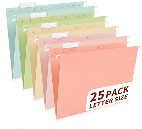 25-Pack Pastel Hanging File Folders, Letter Size with 1/5-Cut Tabs, 35 Transparent Label Cards, 50 Sticker Labels–Home Office & Filing Cabinets