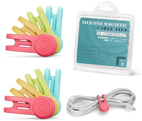 Xrkuu Magnetic Cable Ties 8 Pcs, Reusable Elastic Cable Organiser, Silicone Cord Organiser Straps with Prevent Loss Hole for Management Bundling, Wires, Charger, Earphone (Red, Yellow, Green, Blue)