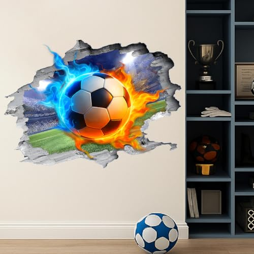SUPERDANT 3D Fußball Wandtattoo Flammen Fußball Wandsticker Die Die Wände Durchbrechen Wandaufkleber Vinyl Wandsticker Für Jungen Kinder Teenagerzimmer Spielzimmer Zuhause Wohnzimmer