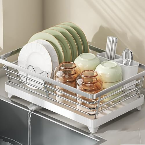 HSUYUN Seche Vaisselle sur Evier, Egouttoir Vaisselle Blanc Peu Encombrant, Egouttoir Vaisselle INOX, avec Porte-Baguettes et égouttoir, pour Assiettes, Bols, Baguettes et Tasses
