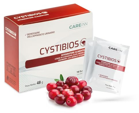 Cystibios Integratore Cistite Donna con D-Mannosio, Cranberry, Mirtillo Rosso – 16 Bustine per il Benessere delle Vie Urinarie, con Uva Ursina e Vitamina C, 48g
