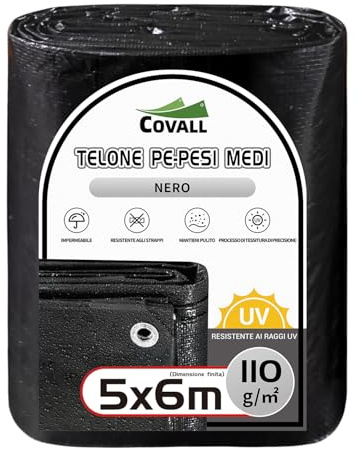 COVALL Bâche Moyenne Utilisation 110GSM 5x6m - Tapis de Sol étanche pour Camping Tente résistante aux UV Housses extérieures Piscine Toit Bac à Sable Bateaux Camion RV Bâche de Voiture (Noir)