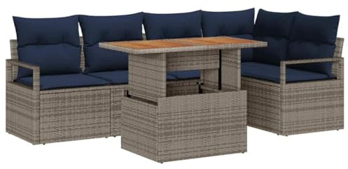 vidaXL Garten Essgruppe mit Kissen 6 pcs Grau und Marineblau, Modularer Outdoormöbel-Set, robuste Gartenmöbel, UV-beständiges Material, leichtes Rattan für die Terrasse