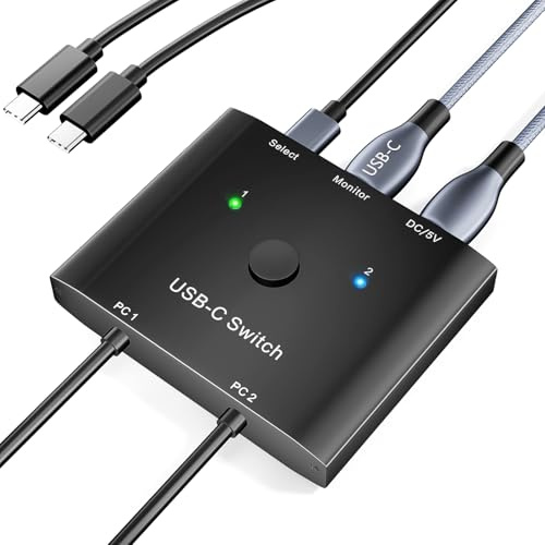 KCEVE USB C Switch 2 in 1 Out, USB Type C KVM Switch 2 Computers 1 Monitor, 8K@60Hz / 4K@120Hz / 20Gbps/ USB 3.1 Gen 2 / 100W PD/Compatible with Thunderbolt Devices/Wired Remote, 1 USB-C Cable