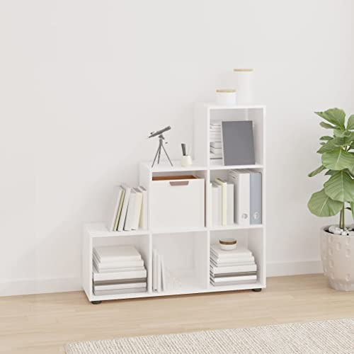 IBUQDDV Treppenregal Hochglanz-Weiß 107 cm Holzwerkstoff mit 6 Fächern für Bücher und Deko, Stabiles Bücherregal mit viel Stauraum, Langlebiges Wohnzimmerregal zur Wandmontage