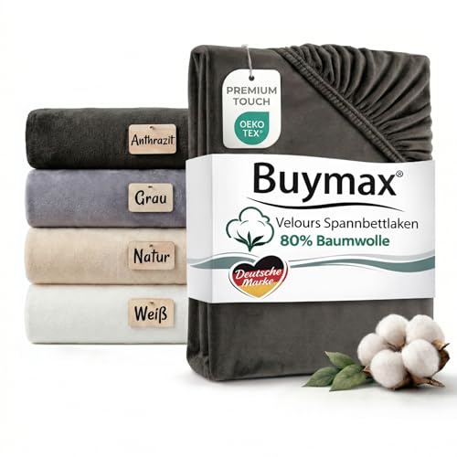 Premium Baumwoll Velours Spannbettlaken 90x200 cm–100×200 cm Anthrazit – Kurzflor Samtig Weich, Cashmere Touch – 80% Baumwolle / 20% Polyester – Für Matratzen bis 25 cm Höhe