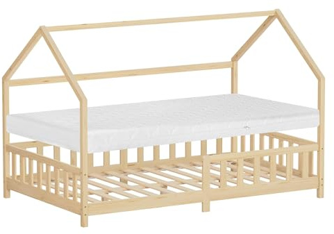 ML-Design Kinderbett Hausbett 120x200 cm mit Matratze, Rausfallschutz, Dach & Lattenrost, Natur, Bettgestell aus Kiefernholz, Montessori Bodenbett, Holzbett für Mädchen & Jungen, Jugendbett Doppelbett