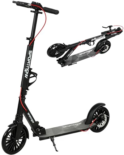 SPORTNOW Cityroller höjdjusterbar vikbar ungdomar och vuxna | Aluminium, 200 mm PU-hjul, ABEC-7 kullager, dubbelt bromssystem, mugghållare, sparkskoter, upp till 100 kg, sparkcykel