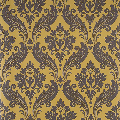Vintage Flock Ochre Black / Yellow Wallpaper