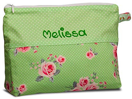 Kulturtäschchen Rosenglück grün mit Namen, 21 x 16 cm, Kinder Kulturbeutel, Waschtasche Kinder, Geschenk