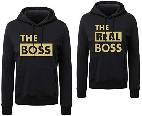Pärchen Hoodie Couple Hoodie Pärchen Pullover Sweatshirt Paar Pulli The Boss The Real Boss Kapuzenpullover Partnerlook Couple Geschen Schwarz Weiß Grau 1 Stücke(Men-Gold-Schwarz,L)