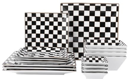 Porlien Juego de vajilla cuadrada de porcelana a cuadros para 4, juego de platos para 4 con platillos de inmersión de 3.3 pulgadas, juego de platos y cuencos blancos y negros