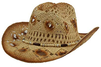 Sombrero de Cowboy de Paja Vaquero Panamá con Banda Occidental Unisex Talla Única Hombre Mujer para Verano Coachella Playa al Estilo Country Brasileño Bohemia Indiana Rafia Natural (XH-118-beige)