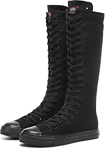 Momuk Stivali Alti alla Caviglia in Canvas con Lacci e Cerniera, Scarpe Moda Donna alla Moda per Scuola ed Uso Quotidiano