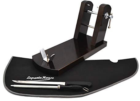 FERRETERIA LEPANTO JAMONERO BUARFE Rioja con Set Negro EN Madera DE Pino para Profesional HOGAR +Cuchillo JAMONERO + CHAIRA + Cubre Jamon EN Color: (Tabaco)