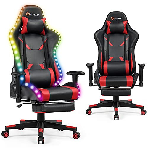 GOPLUS Chaise Gaming Pivotante avec Dossier Inclinable 90-155°, Hauteur et Accoudoir Réglables,Fauteuil Gamer Illuminé de Siège Ergonomique avec Repose-Pieds Rétractable,Télécommande (Rouge)