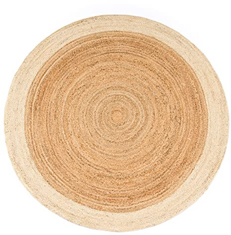 Paco Home Teppich Rund Wohnzimmer Jute Boho Ethno Muster Modern Handgefertigt Naturteppich, Grösse:80 cm Rund, Farbe:Elfenbein