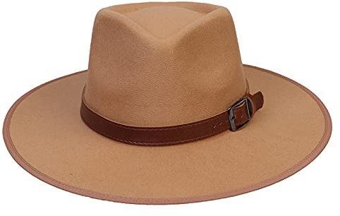 JK Home Fedora-Hut mit breiter Krempe, Wollfilz, Panama-Kappe, Einheitsgröße, Unisex, Damen, Herren, schwarzes geflochtenes Lederband, Khaki-Lederband, Einheitsgröße
