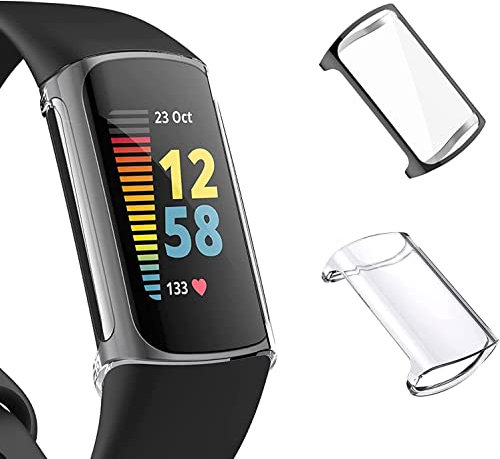 TUTUO [2 Stück Schutzhülle Kompatibel mit Fitbit Charge 5/Fitbit Charge 6, Rundum Hülle mit Displayschutzfolie, Flexibles TPU Vollschutz Cover, Anti-Kratz Hülle Schutzfolie - Transparent + Schwarz