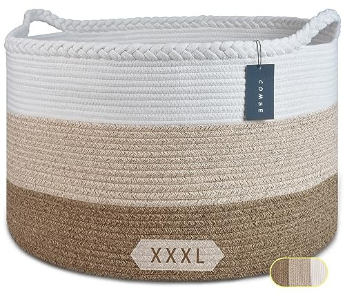 COMSE Extra großer Deckenkorb, gewebter Wäschekorb, 55 x 35 cm, Kindergartenkorb, Baumwollseil, Wäschekorb, Wohnzimmer, zur Aufbewahrung von Spielzeug, Kleidung, Handtüchern, Weiß/Farbverlauf Braun