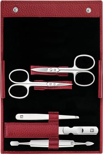 ZWILLING Maniküreset (5 Teilig, Nagelpflege und Pediküre mit Echt Leder Etui mit Nagelschere und Nagelhautschere), Edelstahl Poliert, Rot