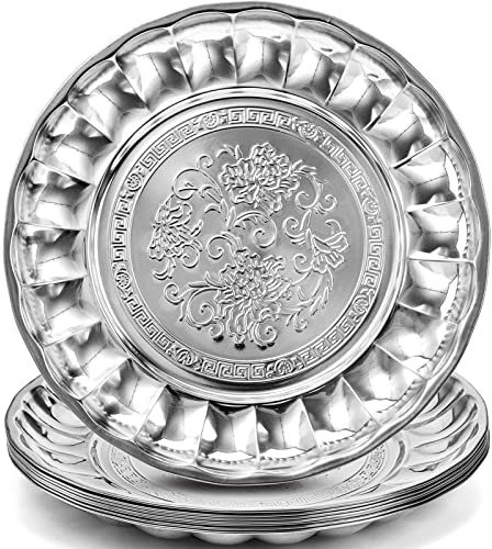 DEAYOU 8 Pack Stainless Steel Round Plates, 12 Large Dinner Plate for Eating, Kids, Stainless Steel Charger Plate, Vintage Feeding Serving Camping Plate Dish for Fruit, BBQ, Flower Pattern