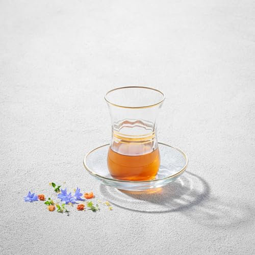 Vikko Verres à thé turcs et soucoupes : tasses à thé turques de 118 ml – Service à thé turc en verre pour six – Tasse à thé en verre – Tasses à thé et soucoupes en verre transparent – Service à thé