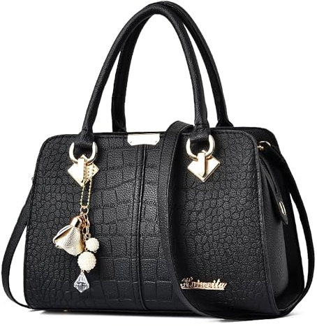 FORRICA Handtaschen Damen Elegant Henkeltasche mit Schön Anhänger Mode Frauen Schultertasche PU Leder Umhängetasche für Einkaufen Pendeln Schwarz B
