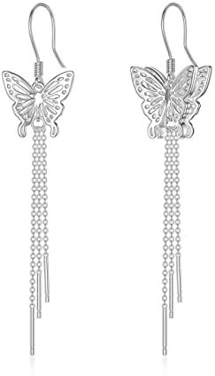 Lange Ohrringe Hängend Damen 925 Sterling Silber Lange Quasten Ohrhänger Schmetterling Ohrringe Schmetterling Schmuck Geschenk mit Geschenkbox für Damen Mädchen