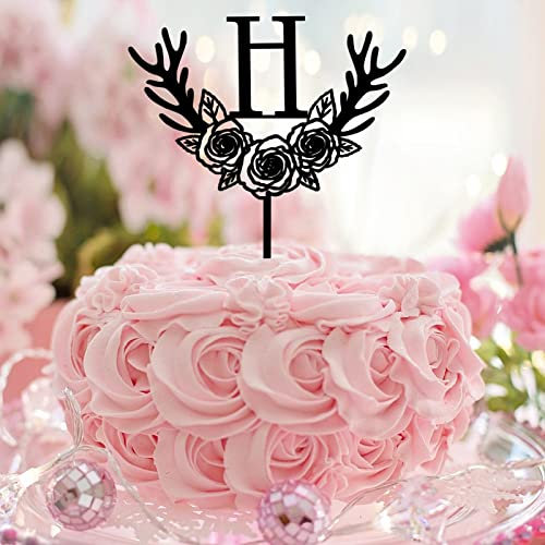 Tortenaufsatz mit Monogramm H, Initiale, Einzelbuchstabe, Name, Geweih, Pfeil, Blume, Rose, Retro, für Hochzeit, Verlobung, Party, Zubehör, wiederverwendbar, personalisierbar, 26 Buchstaben,