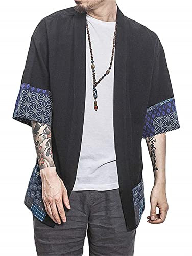 perdontoo Men's Cotton Kimono Jackets Loose Open Front Casual Cardigan (Black, S)