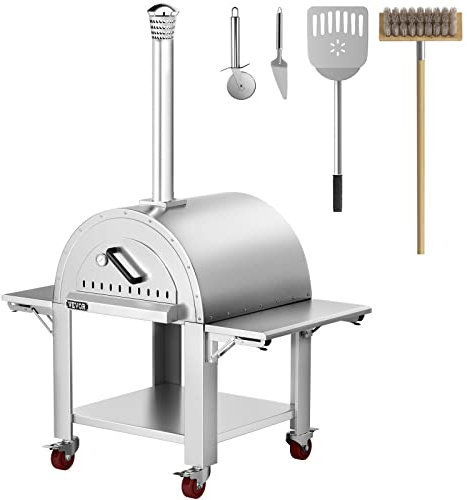 VEVOR Wood Fired Outdoor Pizza Oven, 32 Size, 3-Layer Stainless Steel Pizza Maker with Wheels for Outside Kitchen, Includes Pizza Stone, Pizza Peel, and Brush, Professional Series