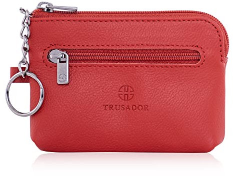 Trusador Milano Unisex Leder Fronttasche Geldbörse Münzbörse Reißverschluss Beutel mit Schlüsselanhänger, Rot/Ausflug, einfarbig (Getaway Solids), Münzgeldbörsen & -beutel
